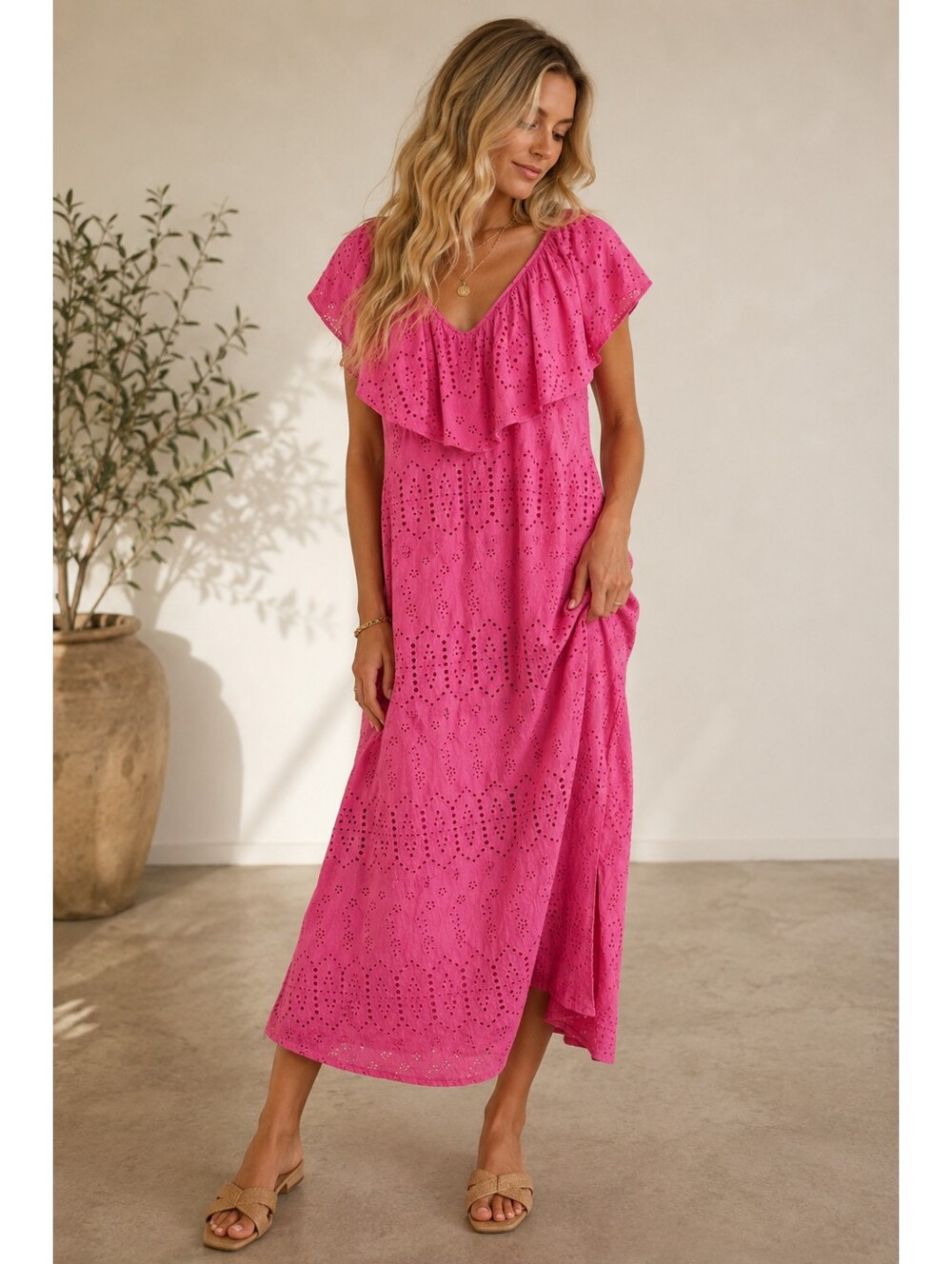 Tuckernuck Pink Eyelet Ruffle Midi Dress Cotton Resort Size Small